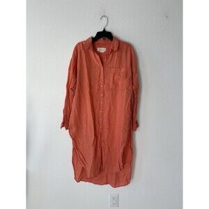 Anthropologie Relaxed Buttondown Linen Dress Bright Orange/Coral Chest Pocket S